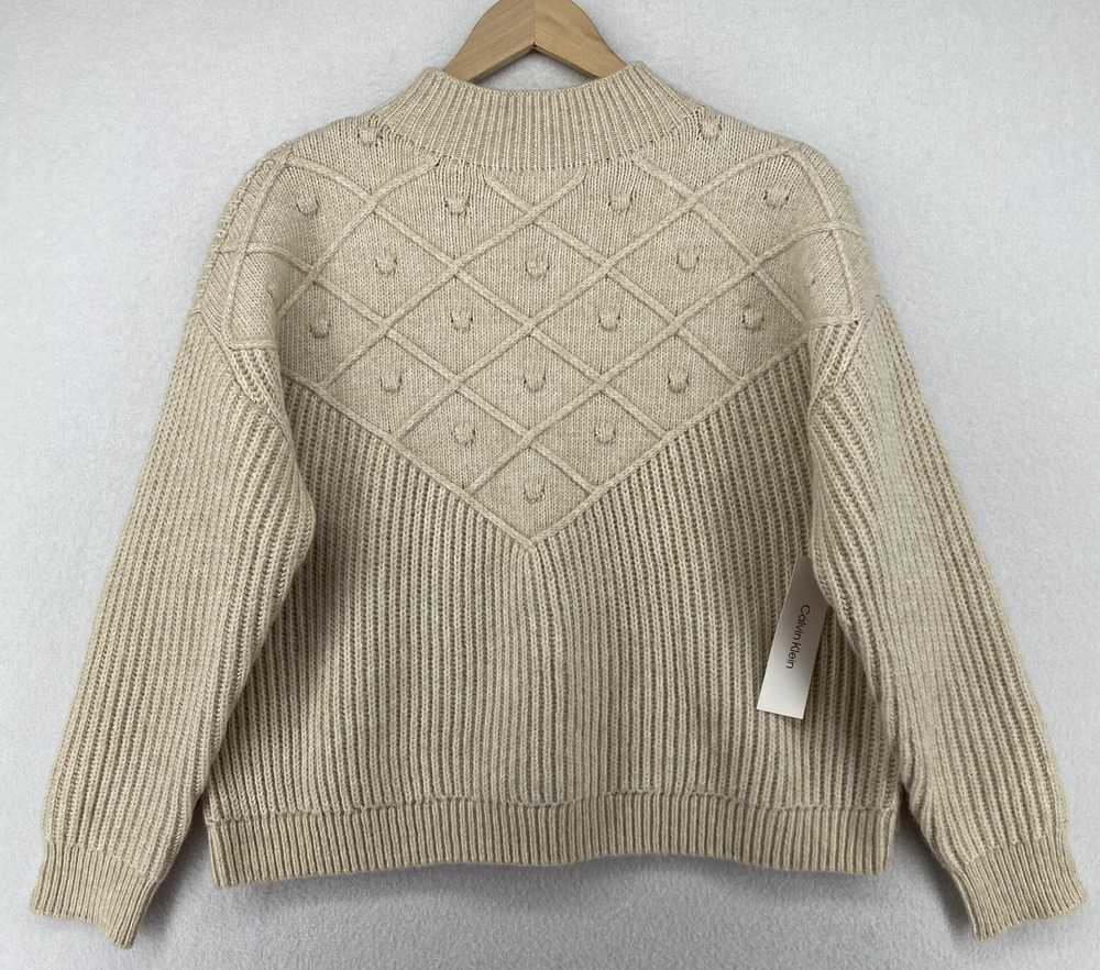 CALVIN KLEIN Sweater Womens S Popcorn Yoke Ribbed Mock Jumper Pullover Beige NEW - Picture 1 of 13